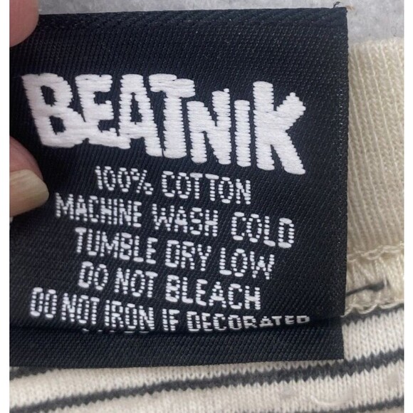 Vintage Beatnik Shirt Mens Size Large Striped Beige Skateboard Surfing 90s USA - Picture 5 of 7